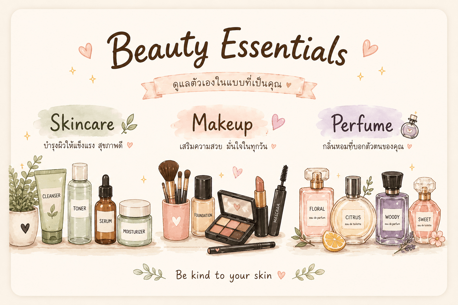 ภาพประกอบ Beauty Essentials แบ่งเป็น Skincare, Makeup และ Perfume
